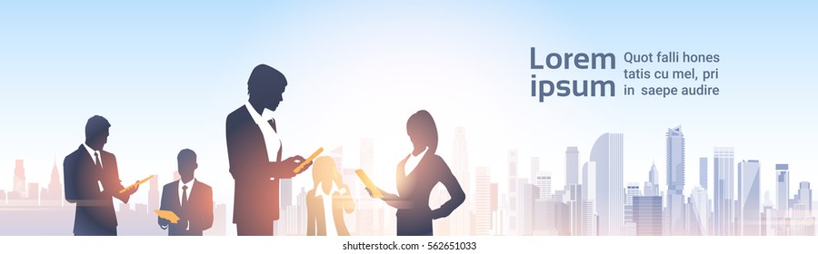 Business People Group Silhouettes Over City Landscape Modern Office Social Network Communication Vector Illustration