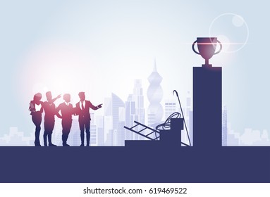 Business People Group Silhouettes Over City Landscape Cup Competition Concept Vector Illustration