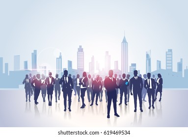 Business People Group Silhouettes Over City Landscape Modern Office Buildings Vector Illustration