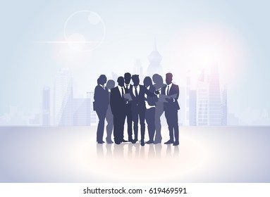 Business People Group Silhouettes Over City Landscape Modern Office Buildings Vector Illustration