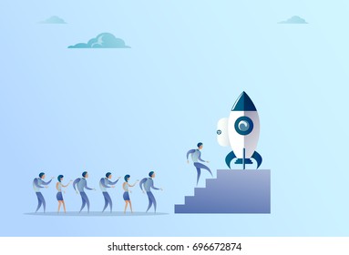 Business People Group Sitting In Launching Space Ship New Stratup Strategy Development Concept Flat Vector Illustration