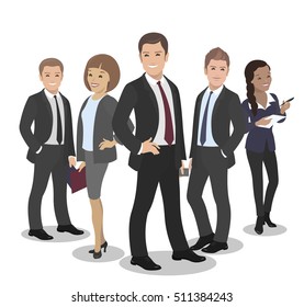 Business People Group Standing Team Vector Illustration. Handsome Boss, Pretty African American Businesswoman in Formal Dress