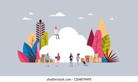 business people group synchronization cloud working together hand hold diversity gadgets , data storage concept flat vector illustration
