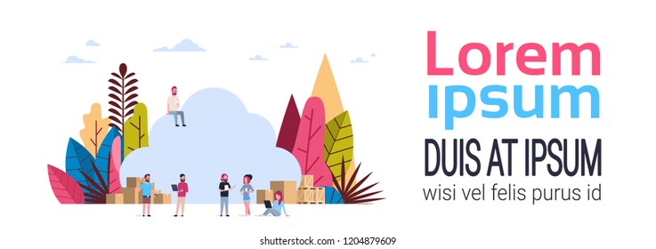 business people group synchronization cloud working together hand hold diversity gadgets , data storage concept flat banner copy space vector illustration