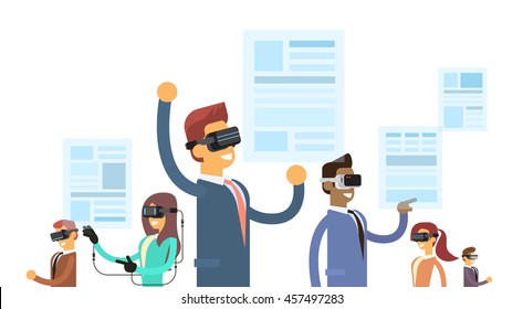 Business People Group Team Wear Reality Digital Glasses Headset Read Virtual Reality News Paper Flat Vector Illustration