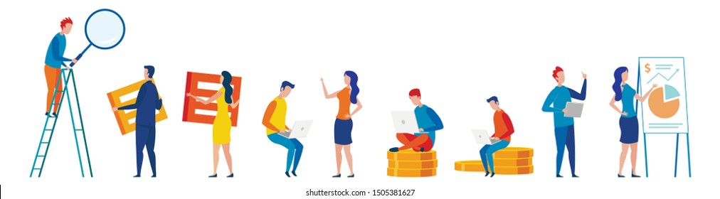 Business People Group Team Working, Successful Cooperation. Men and Women Cartoon Characters Working at Laptop, Planning, Searching Solution and Business Development Strategy. Flat Vector Illustration