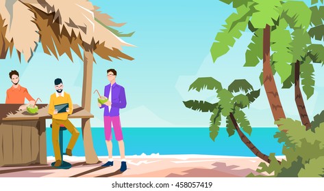 Business People Group at Tropical Bar, Businessman Using Tablet on a Beach during Summer Vacation on Island, Flat Vector Illustration