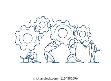 Business people group twisting gear wheel working together process strategy concept sketch doodle vector illustration