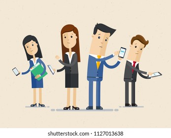 Business people group using phones and internet communication.