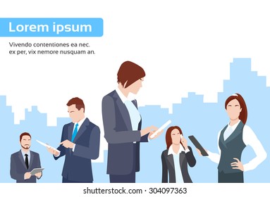 Business People Group Using Tablet Computer Internet Communication Flat Vector Illustration