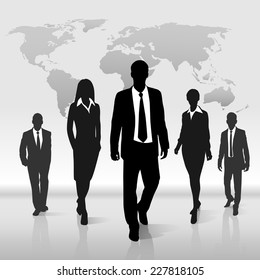 Business people group walk black silhouette concept businesspeople team step forward over world map background