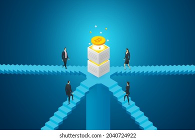 Business people group are walking up on stairs to bitcoin cryptocurrency.Solution and vision nvestment opportunity or alternative financial asset. isometric illustration vector. svg