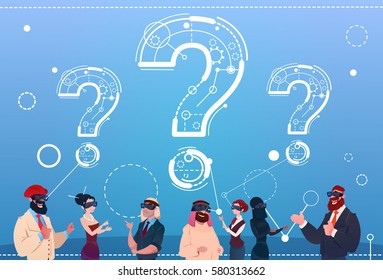 Business People Group Wear Digital Reality Glasses Question Mark Ponder Problem Concept Flat Vector Illustration