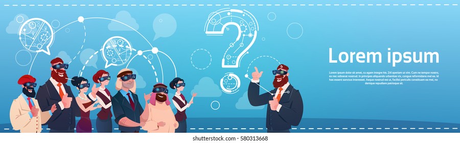 Business People Group Wear Digital Reality Glasses Question Mark Ponder Problem Concept Flat Vector Illustration