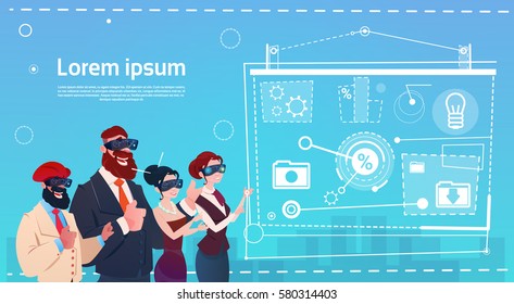 Business People Group Wear Virtual Reality Glasses Digital Interface Screen Presentation Seminar Flat Vector Illustration