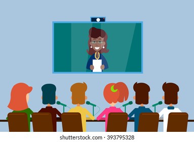Business People Group Web Virtual Internet Conference Student Seminar Meeting Flat Vector Illustration