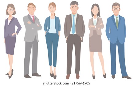 Business people group whole body standing. Men and women office workers with smile. Flat vector illustration isolated on white background.