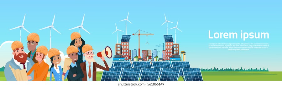 Business People Group Wind Tribune Solar Energy Panel Renewable Station Presentation Flat Vector Illustration