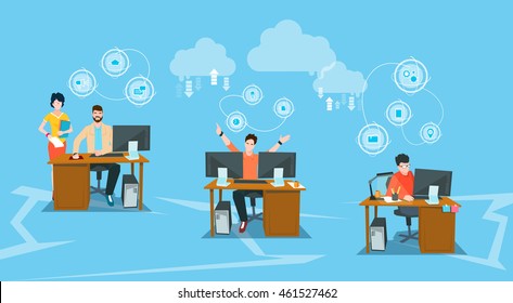 Business People Group Workplace Office Work Desktop Computers Flat Vector Illustration