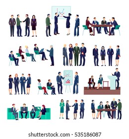 Business people groups collection at meetings briefings conference discussing different projects and financial strategies isolated vector illustration