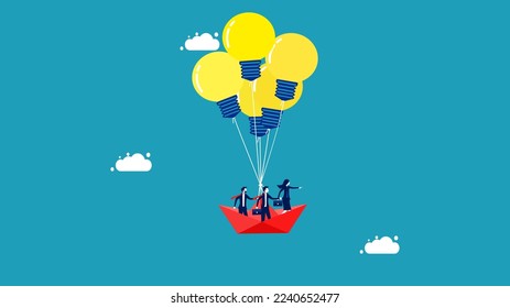 Business people grow their business with creativity. paper boat floats with light bulb balloons and there is a businessman in a paper boat