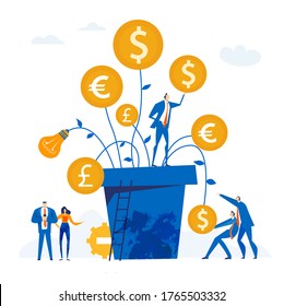Business people growing money with money tree. Bankers, office workers are managing money, investments in world currencies. Modern flat design business concept illustration  