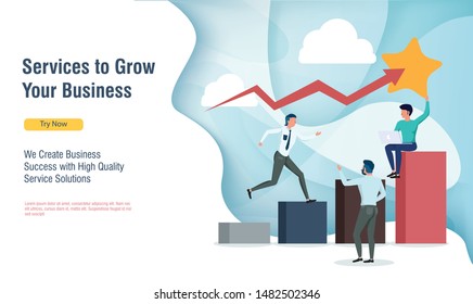 business people growing profit graph with flat design and landing page