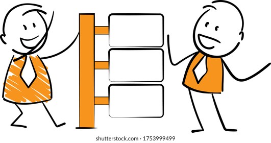 Business people and guidepost signage or signpost. Standing near banner.
Girl and boy hand drawn doodle line art cartoon design character - isolated vector illustration outline of man.
