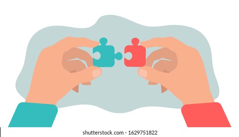 Business people hand hold puzzle piece. Teamwork, finance, business management and planning, vector illustration