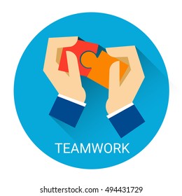 Business People Hand Matching Puzzle Teamwork Concept Icon Flat Vector Illustration