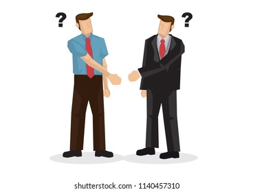 Business people hand shaking with different hands. Concept of misunderstanding, confused, doubt, uncertainty or miscommunication. Isolated vector illustration.