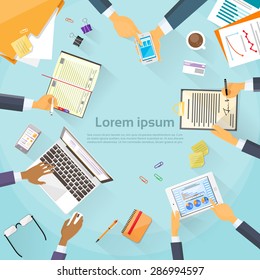 Business People Hands Desk Workplace Top Angle Above View Team Working Sitting at Office Flat Vector Illustration