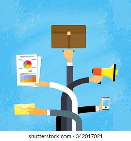 Business People Hands Hold Documents Briefcase Megaphone Smart Phone Folder Concept Flat Vector Illustration