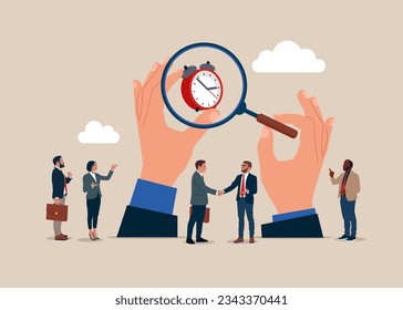 Business people and hands human with magnifying glass and investigate watch. 24-7 support service,  working hours. Open time. Success long term investment. Vector illustration