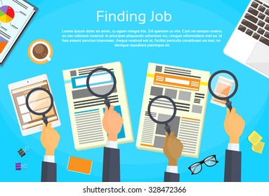 Business People Hands Searching Job Newspaper Classified Magnifying Glass Office Desk Flat Vector Illustration