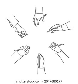 Los empresarios escriben a mano en papel. Concepto de trabajo en equipo. Ilustración vectorial dibujada a mano. Blanco y negro.