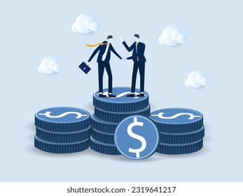 business people handshake on pile of money banknote after finish agreement.Salary negotiation, pay raise discussion or wages and benefit agreement, business deal or merger and acquisition concept.
