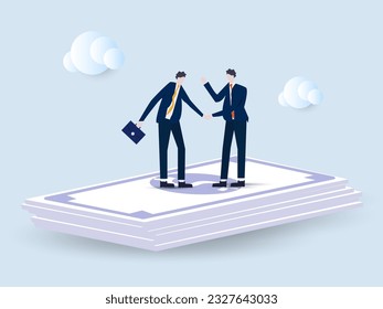 Business people handshake on pile of money banknote after finish agreement. Salary negotiation, pay raise discussion or wages and benefit agreement, business deal or merger and acquisition concept.