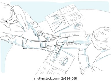 Business People Handshake Sketch Desk With Contract Sign Up Documents Top Angle View Vector Illustration