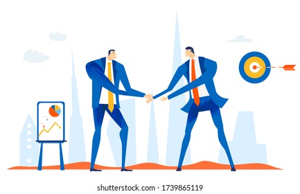 Business people handshake as symbol of finding solution and make a progress. Working together. Business concept illustration.  