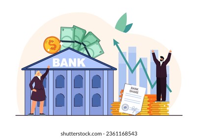 Business people happy about growing value of bank shares. Bank building with money and stock market growth chart, vector illustration. Finances, economy, banking, success concept