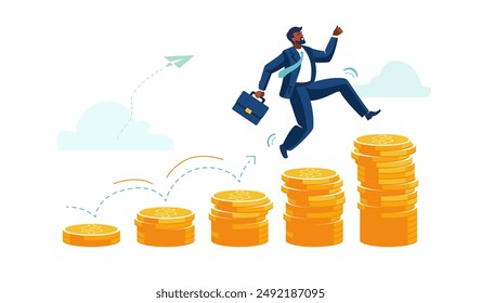 Business people. Happy businessman investor running on stack of money gold dollar coins growth, compound interest, money growth investment, prosperity or profit and profitability. Vector illustration