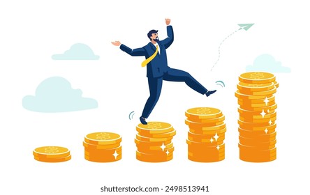 Business people. Happy businessman investor carefully jumping on pile of money gold dollar coin growth, compound interest, money growth investment, prosperity and profitability. Vector illustration