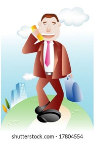 Business People - happy smiling young male walk on the road with a cellular phone on a background of bright blue sky and green field : vector illustration