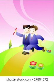 Business People - happy smiling young males running together a 3 legged race on a background of bright violet sky and green grass field : vector illustration