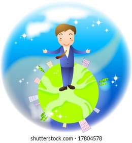 Business People - happy smiling young male standing on earth on a background of bright blue sky and green planet : vector illustration