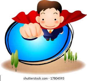 Business People - happy smiling young male flying to success on the blue sky on white background with green tree field : vector illustration