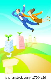 Business People - happy smiling young male and female flying and looking at the future of information on a background of bright blue sky and green grass field : vector illustration