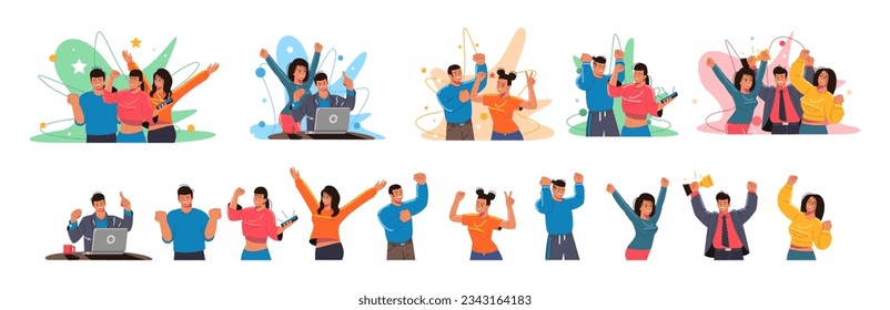 Business people. Happy woman and man. Office party. Work team concept. Celebration of success. Joyful couple. Excited businessman. Joy and happiness. Cheerful employees poses vector set