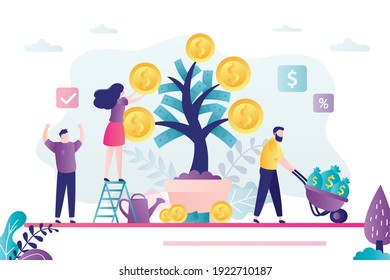 Business People Harvest From Money Tree. Male Character Carries Cart Full Of Bags Of Money. Successful Financial Investments Concept. Goal Achievement And Money Growing.Trendy Flat Vector Illustration